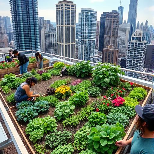 A rooftop garden in a bustling city with skyscrapers