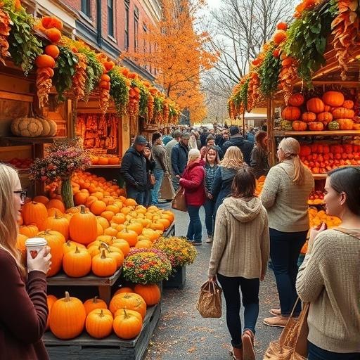 A bustling autumn market scene showcasing the vibrancy of urban gardening.