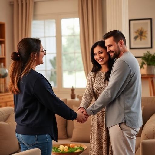 זוג מחזיק ידיים בסלון נעים וחם.