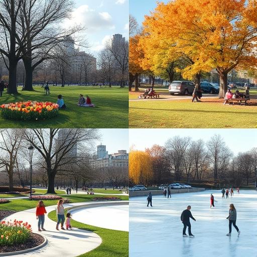 An urban park depicted over the four seasons, symbolizing community and connection