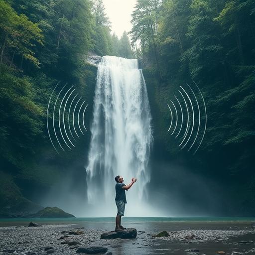 Serene forest setting with a single person standing in reflection