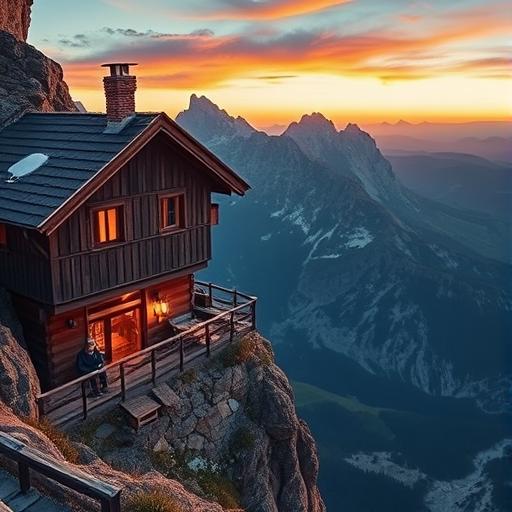 A rustic picturesque mountain hut perched on the edge of a stunning landscape