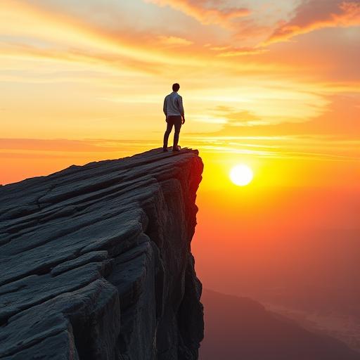 Person standing on a rocky cliff edge facing the sunrise – symbolizing new beginnings