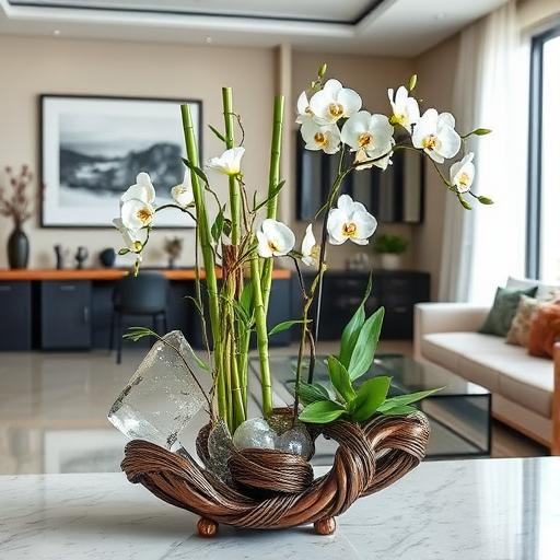 A striking image of a modern Ikebana piece incorporating natural elements