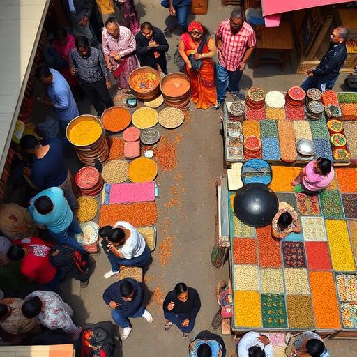 An aerial view of a lively market, reflecting the dynamic nature of artistic exploration.