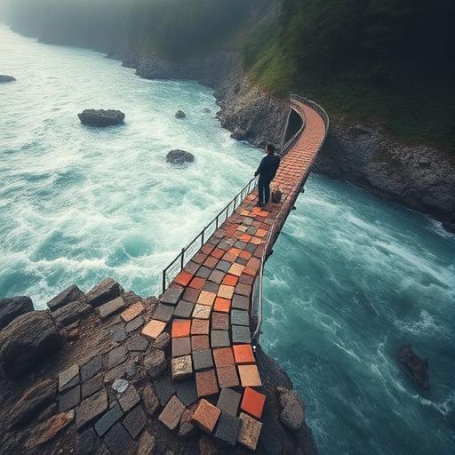 Surreal bridge crossing turbulent waters illustrating goal setting and visualization