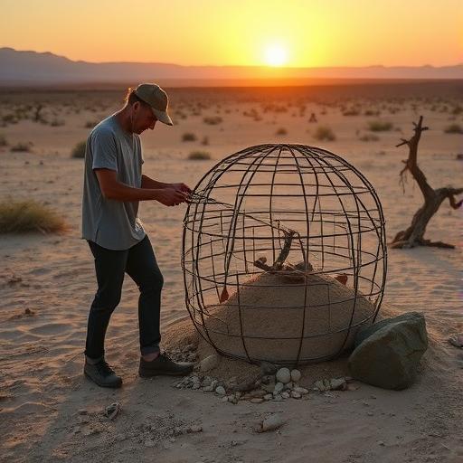 An artist in a barren landscape using natural materials