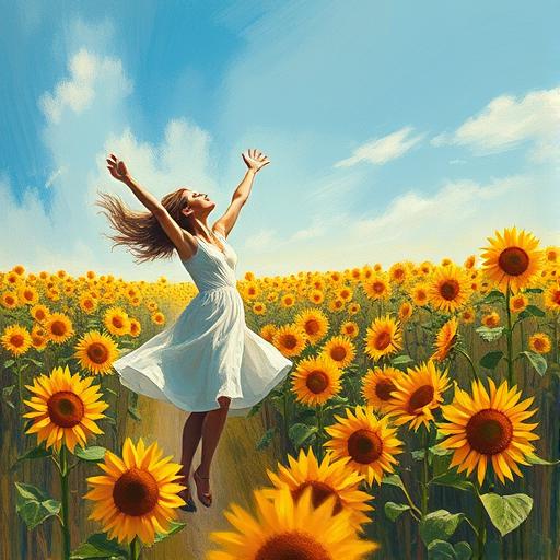 An expressive painting of a woman dancing freely in a vibrant setting.