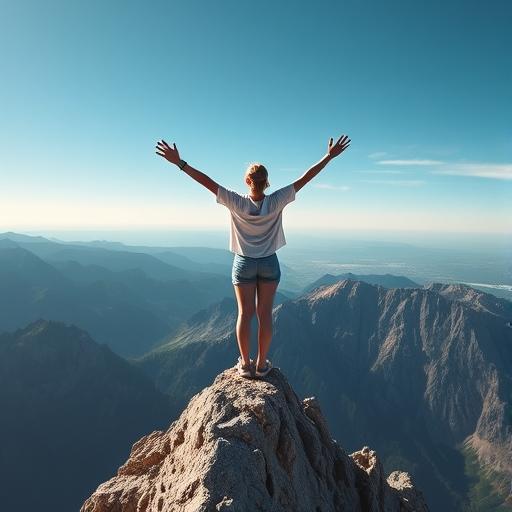 A young woman standing on a mountain peak, looking toward her goals