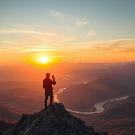Lone traveler atop a mountain peak, symbolizing potential and achievement