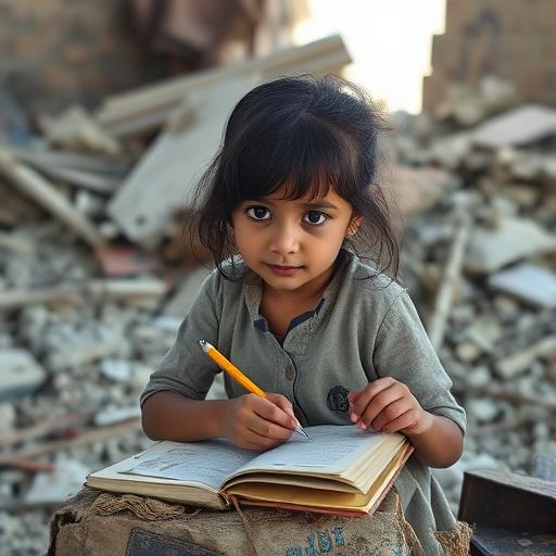 A young girl sitting in a makeshift classroom, symbolizing the pursuit of education and persistence.