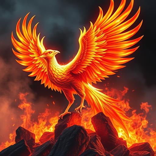 A majestic phoenix rising from the ashes, symbolizing renewal and the power of positive habits
