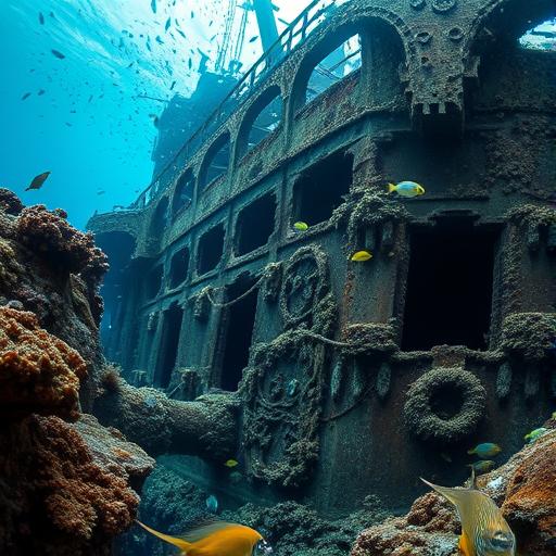 A close-up underwater shot of a colossal sunken ship, representing overcoming obstacles in the journey of confidence.