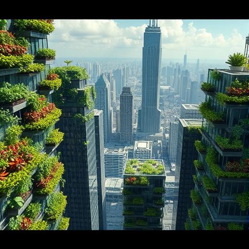 A futuristic city skyline with vertical farms, symbolizing the innovative connections freelancers can create.