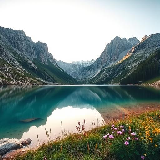 A serene secluded alpine lake with crystal clear turquoise waters