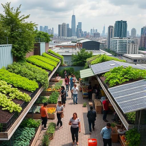 A bustling urban marketplace, symbolizing the power of collaboration in fostering innovation.