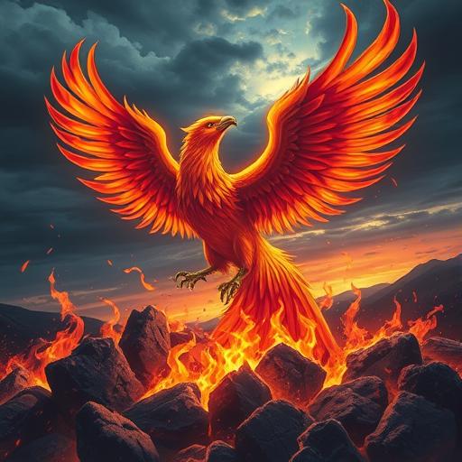 Vibrant phoenix rising from ashes symbolizing rebirth and self-belief