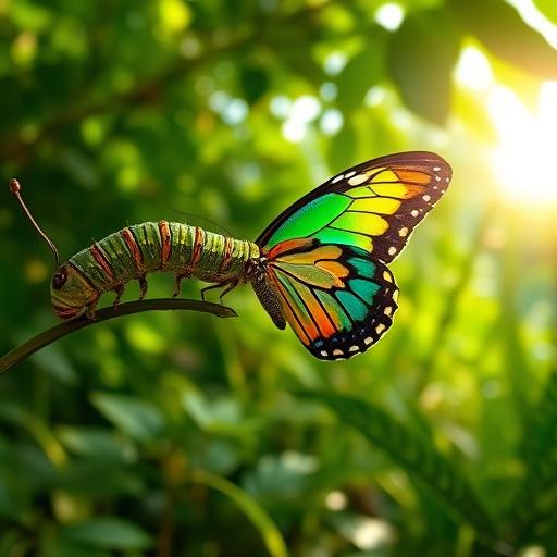Caterpillar transforming into a vibrant butterfly, symbolizing growth