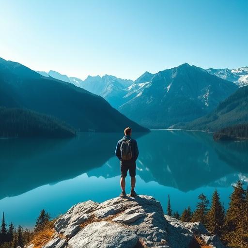 A person standing on a mountain peak looking at the horizon