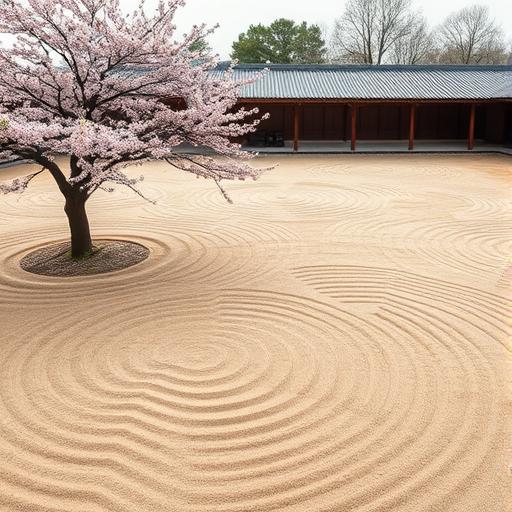 A zen garden with meticulously raked sand patterns and rocks