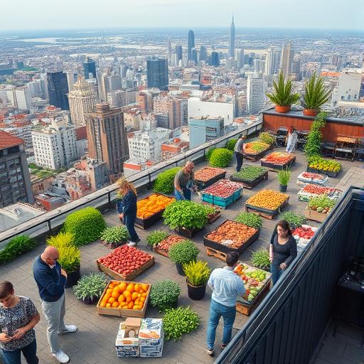 A bustling rooftop market symbolizing resilience and community.