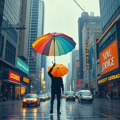 Vivid bustling city under a storm symbolizing discipline amidst chaos.