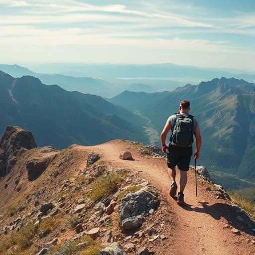 Individual hiking along a rugged mountain trail symbolizing perseverance