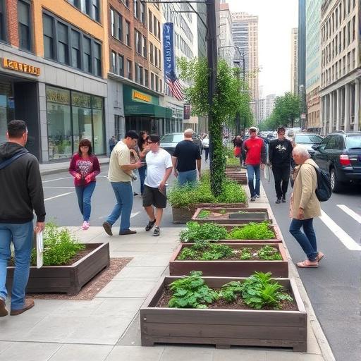 A busy city street with a small urban farm on the side, reflecting the balance between hustle and mindfulness.