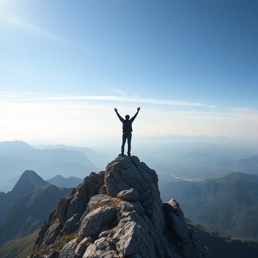 Peaceful mountain peak offering a panoramic view, symbolizing achievement