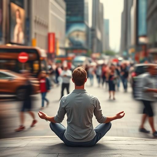 Tranquil figure meditating in a bustling city – symbol of inner motivation