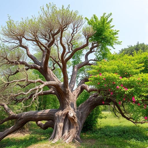 Old tree with half its branches withered and then rejuvenated