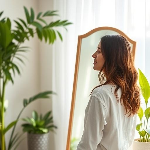A woman standing in front of a mirror in a softly lit room