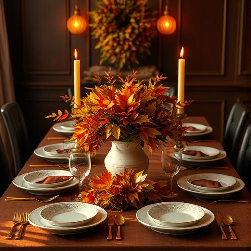A beautifully set dining table for an autumn feast, symbolizing warmth and gathering.
