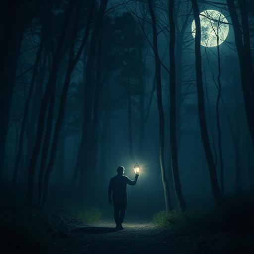 A lone figure holding a bright lantern walking through darkness, indicating guidance and perseverance