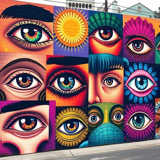 Vibrant street mural showcasing diverse eyes symbolizing supportive community