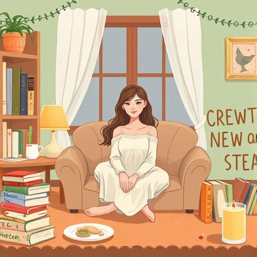 An illustration of a woman sitting in a cozy room surrounded by feelings of peace