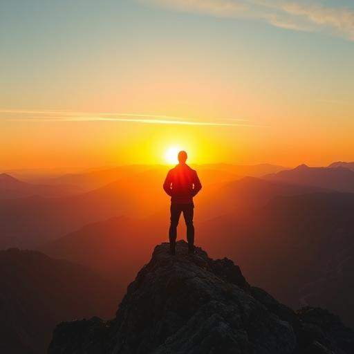 A leader standing on a mountain peak symbolizing achievement and potential