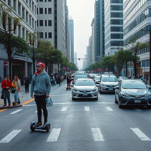 An urban scene bustling with people riding on personal vehicles surrounded by greenery
