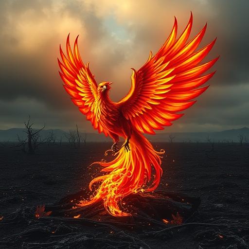 A vibrant phoenix rising from ashes symbolizing transformation