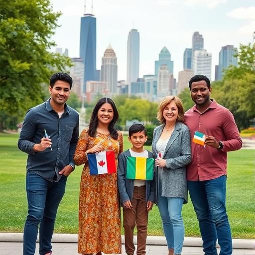 A diverse family standing together in a vibrant city