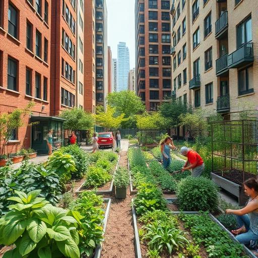 A community garden nestled between tall buildings symbolizing support and connection.