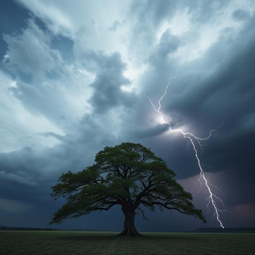 A lone tree standing strong in a storm, symbolizing resilience