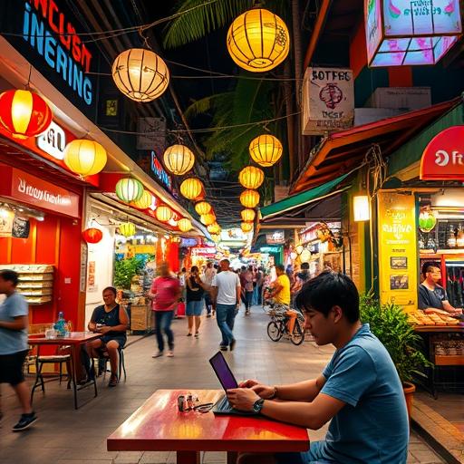 Digital nomad exploring a vibrant tropical night market