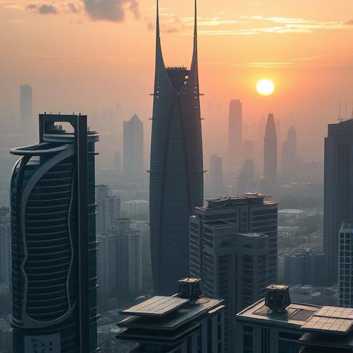 Futuristic cityscape at sunrise representing new beginnings