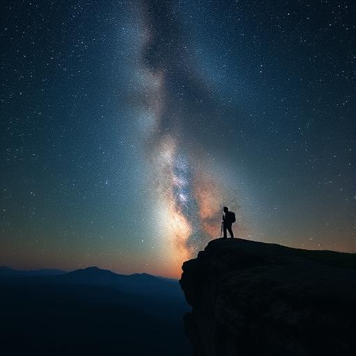 Lone hiker standing at a cliff edge under a vast sky, symbolizing visualization of success