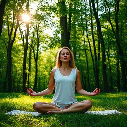 A serene outdoor scene of a woman practicing meditation