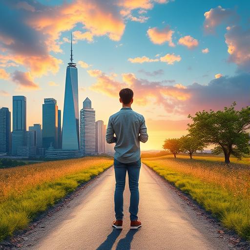 A young professional standing thoughtfully at a crossroads, symbolizing life decisions and new paths with hope and determination.