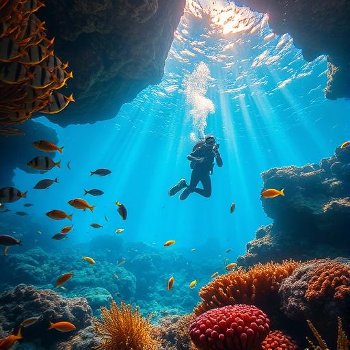 Underwater scene with a diver exploring a vivid world symbolizing deep focus