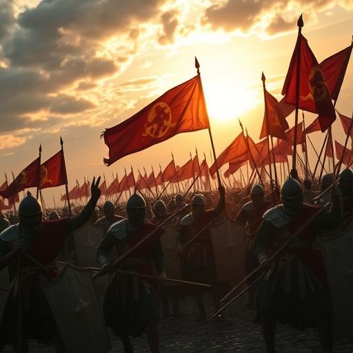 Cinematic historical battle scene metaphoring internal fear battles