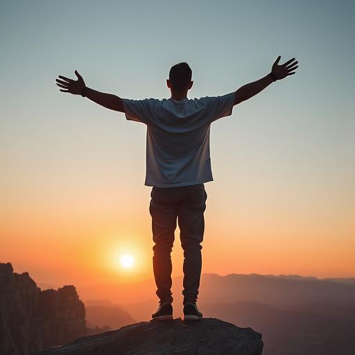 Person standing on the edge of a cliff looking at a sunrise